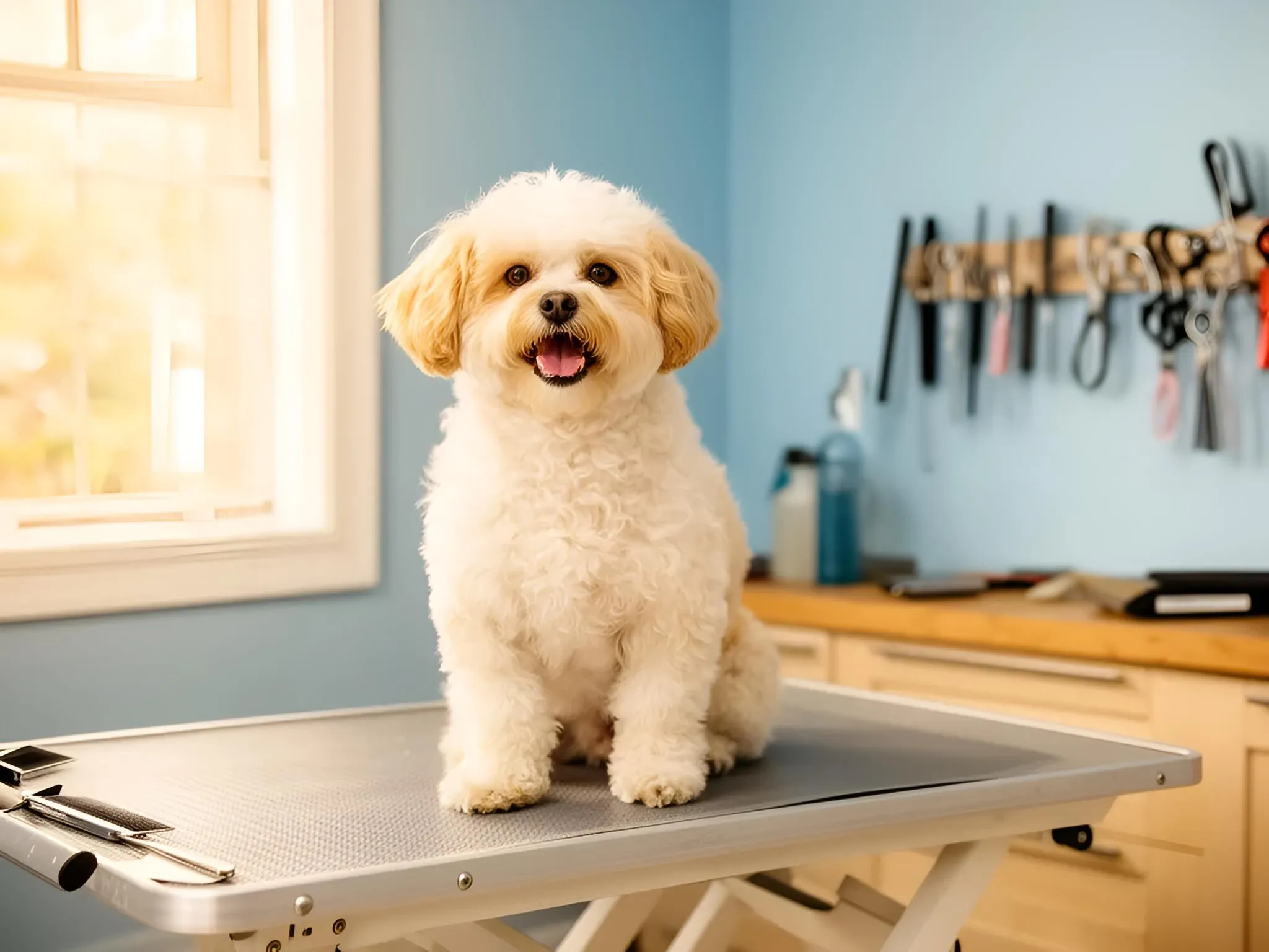 Happy small fluffy dog freshly groomed at Fluffy Pups home-based grooming salon in Christchurch