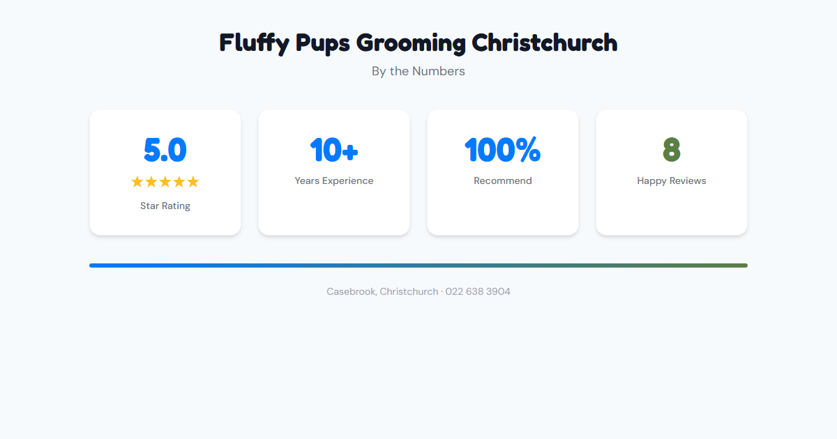 Fluffy Pups Grooming Christchurch statistics infographic showing 5.0 star rating, 10+ years experience, 100% recommendation and 8 reviews